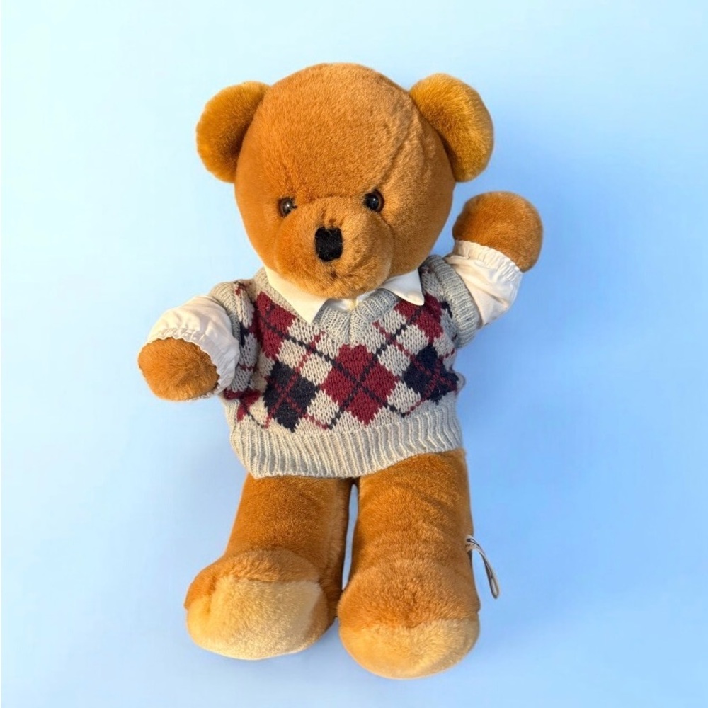 Vintage Chosun Brown Teddy Bear 1987 16" Plush Korea Argyle Sweater Lovey